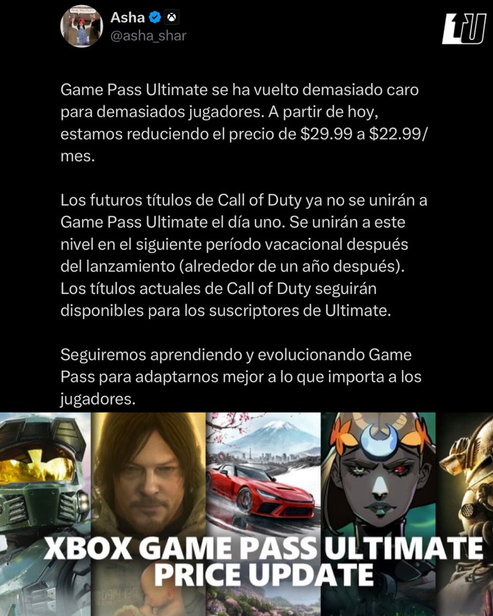 LevelUPcom's tweet image. MEGA BOMBAZAZAZAZAZO 💥 #AshaSharma, la nueva CEO de #Xbox, anuncia que el servicio de #GamePass Ultimate se volverá más económico y pasará de $29.99 a $22.99USD, esto pensado en la economía de los jugadores.