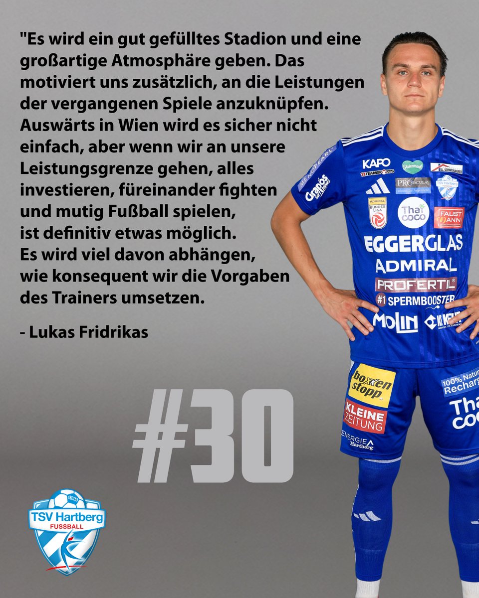 tsv_hartberg's tweet image. Voller Fokus auf das Auswärtsspiel in Wien! ⚽ 💙
Unser Offensivspieler Lukas Fridrikas vor dem morgigen Duell beim SK Rapid. 💬

#scrhtb #forzatsv #nevergiveup