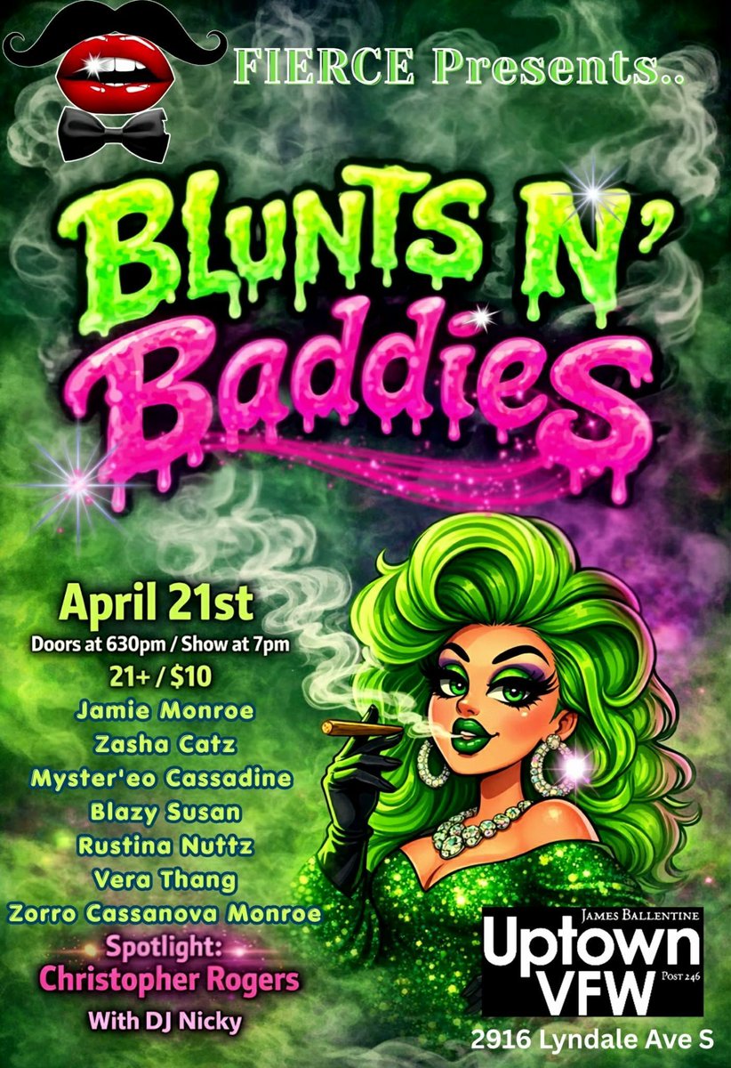 UptownVFW's tweet photo. TONIGHT!

610PM: Twins @ Mets
630PM: FIERCE Presents Blunts N' Baddies - a 4/20 drag celebration
 > Info: https://t.co/foSv9KBCEa
9PM: Karaoke
10PM: The Deep End

4-8PM Tuesday Special
$4 Mystery Beer

3-6PM Happy Hour
$2 off all Rails, Taps, and Domestics
$3.25 Coors Light Taps https://t.co/QSiIwC7AP9