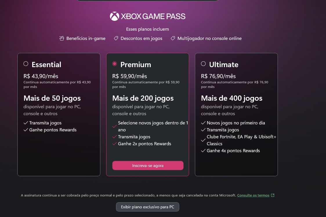 Eu abri xbox e abaixou 45 reais o game pass ultimate, ainda esta salgado? está... Mas se subir drasticamente as assinaturas é capaz que caia mais... Eu que quero jogar forza 6 e quero clube fortnite talvez seja viável.