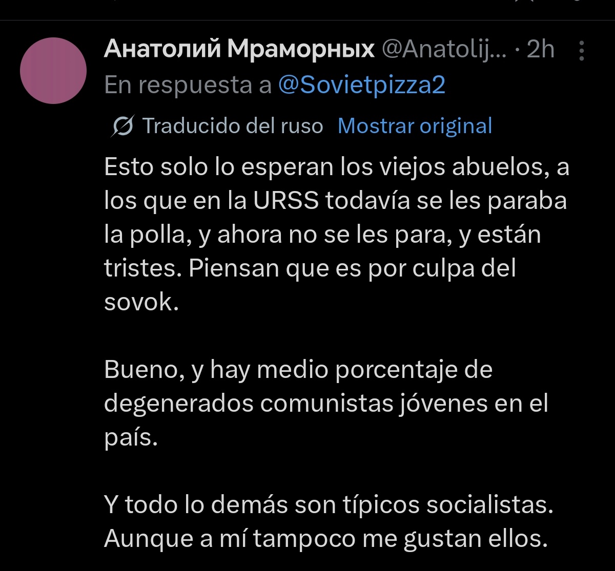 Los rusos dandole su baño de realidad a los socialistas occidentales.

Nadie que haya vivido en represión o en carestia quiere volver a ser reprimido o pasar hambre.

Compartelo a tu socialista pendejo favorito, el mio ya me bloqueo u_u