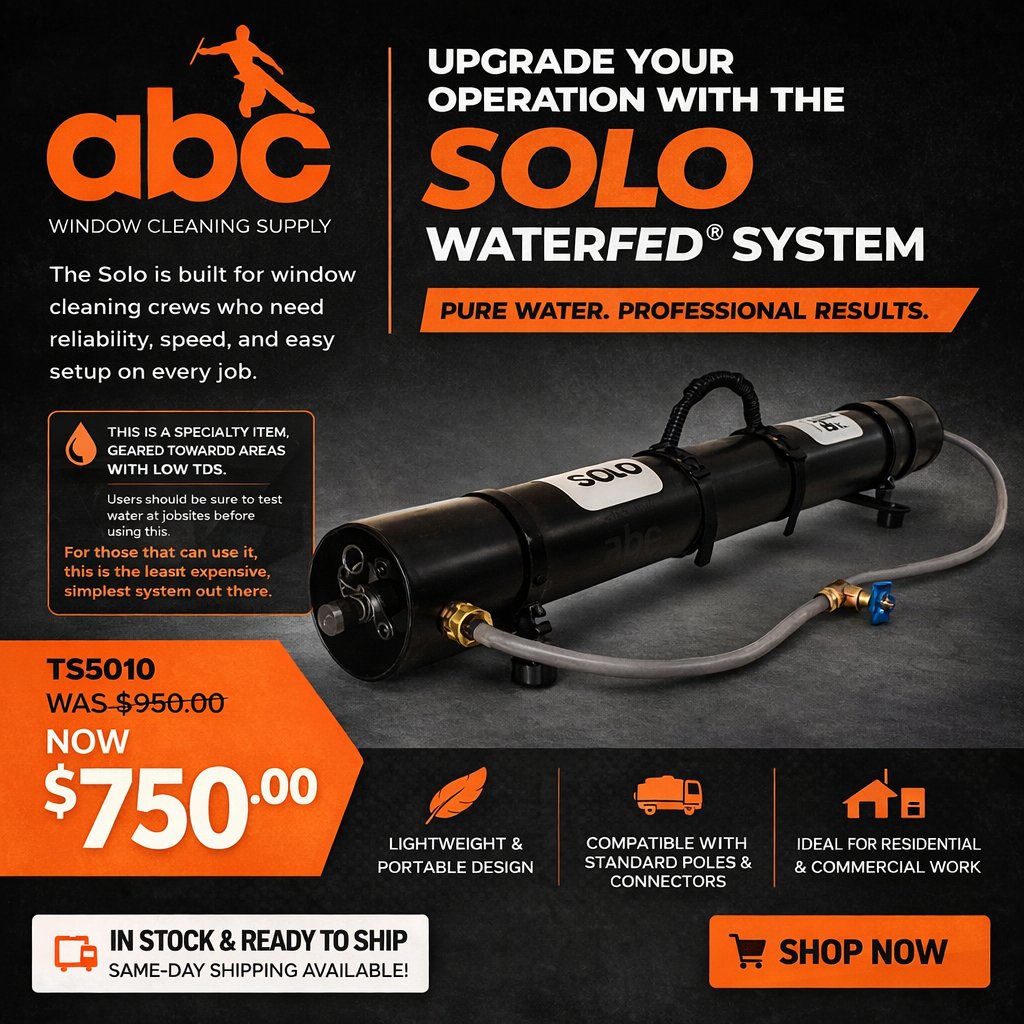 Upgrade your operation with the Solo WaterFed® System! 💦 

Was $950, now only $750! 🛒 

• Lightweight &amp; portable  
• Fits standard poles  
• Perfect for all jobs  

In stock &amp; ready to ship! Same-day shipping available! 

Shop now: window-cleaning-supply.com/triple-crown-s…