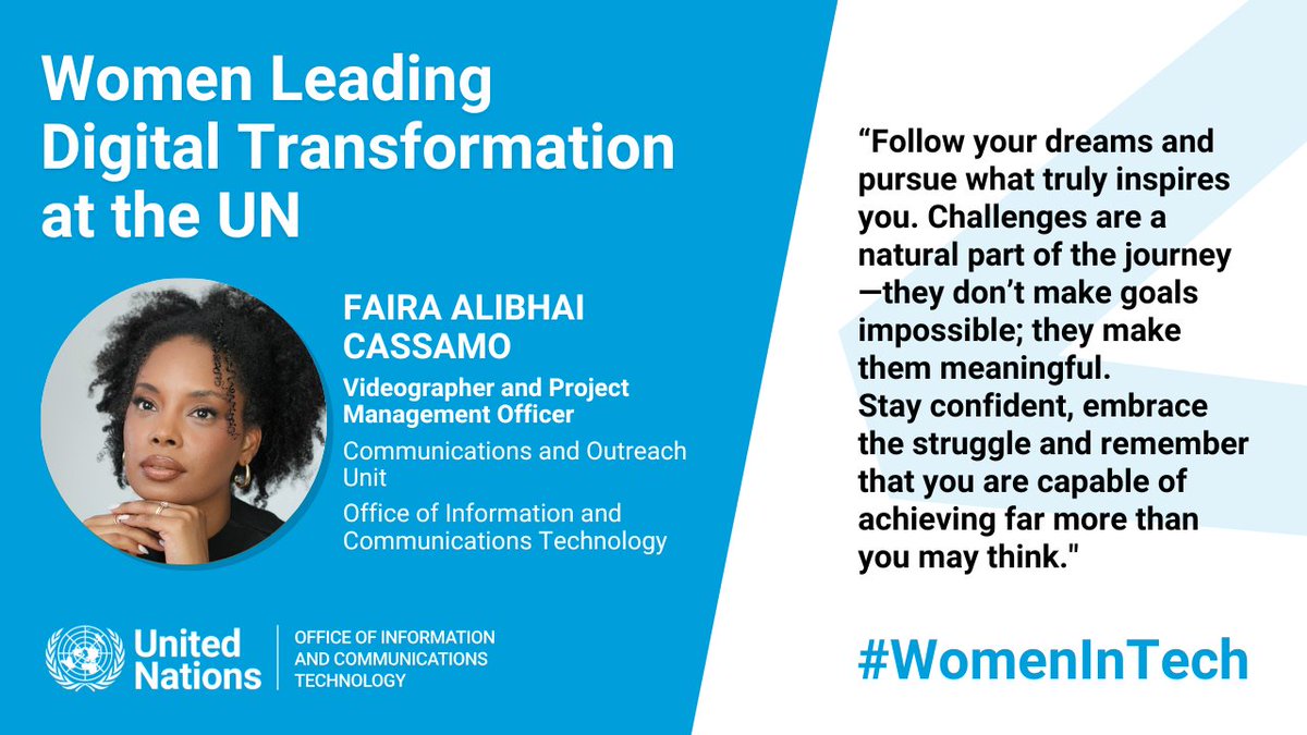 UN_OICT's tweet image. Faira Alibhai Cassamo, @UN_OICT's very own Videographer, shares how storytelling can inspire millions and drive inclusion in today's #WomenInTech profile. 

"Follow your dreams and pursue what truly inspires you," Faira writes.

Read about her journey at: unite.un.org/en/WomenInTech…