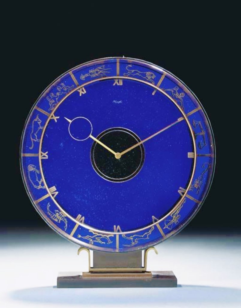 Art Deco Bronze and Glass Zodiac Table Clock, circa 1920's.