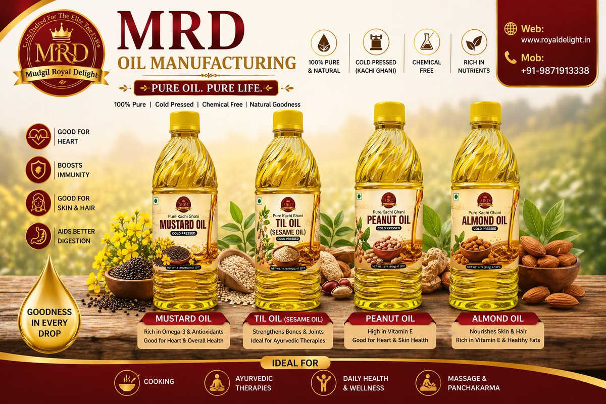 MudgilRoyal's tweet photo. Pure Oil. Pure Life.
@MudgilRoyal Delight Cold Pressed Oils
✔ 100% Natural
✔ Chemical Free
✔ Rich in Nutrition
Available: Mustard | Til | Peanut | Almond

📞 +91-9871913338
🌐 https://t.co/X8ApPA1BrT

#KachiGhani #HealthyLiving #AyurvedicOil #PureOil #SarsoTel #healthyoil https://t.co/bbe2zm3rPf