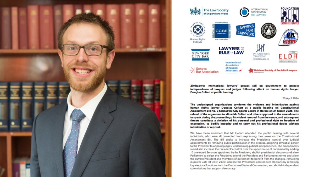 IBAHRI's tweet image. #Zimbabwe: IBAHRI and partners condemn violence and intimidation against #HumanRights #lawyer Douglas Coltart at a hearing on Constitutional Amendment Bill No. 3 on 31 March 2026. The statement calls on authorities to respect freedom of expression.

Read: tinyurl.com/y2hrjzbn
