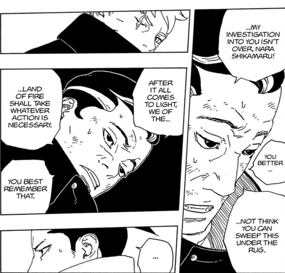 il y a littéralement l'intérêt politique qui a été mis en avant dans ce même arc et l'introduction d'un nouveau perso qui est Kobu qui continuera d'avoir un impact important et des conséquences pour Shikamaru et Konoha plus tard, mais soi-disant il n'y a pas d'histoire