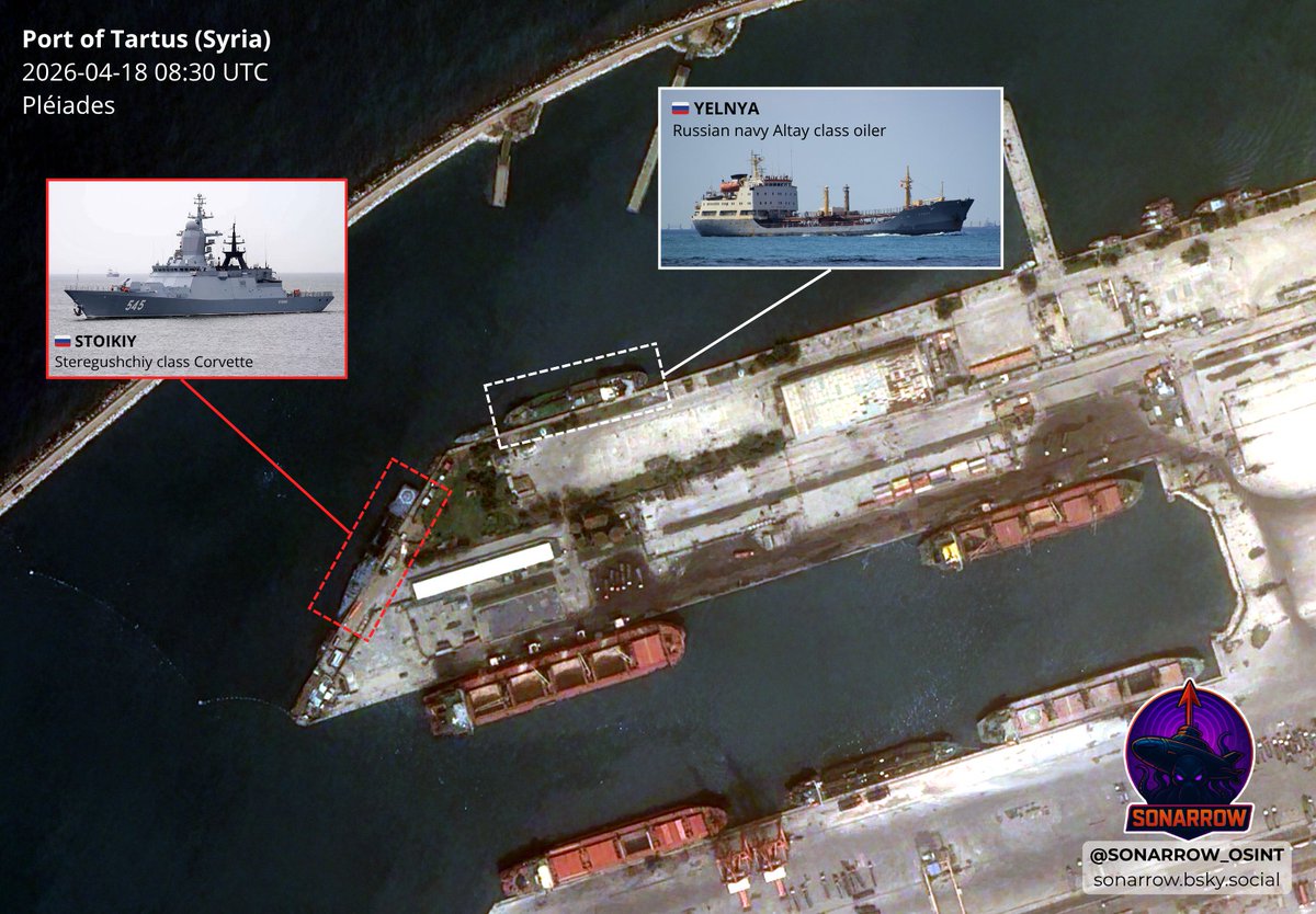 🚨🇷🇺🇸🇾 Exclusive HD sat pic showing 🇷🇺 navy ships STOIKIY and YELNYA still docked in Tartus on Apr. 18

2 days after previous spotting, these prolonged and repeated stops are more than ordinary port calls.
Tends to support <a href="/MT_Anderson/">MT Anderson</a>'s thesis. 👇

<a href="/Schizointel/">Intelschizo</a> <a href="/ItsTheEnforcer/">The Enforcer</a>
