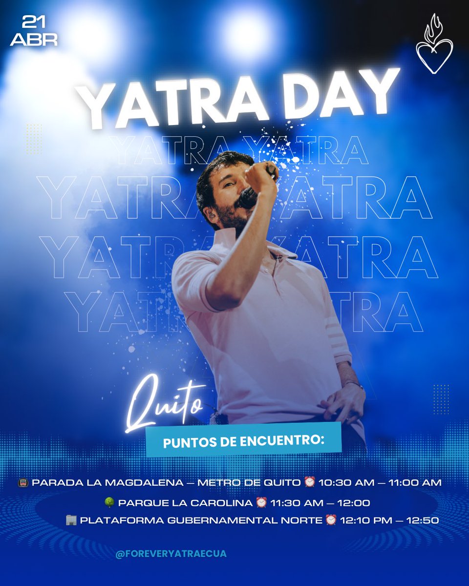 🚨🩵 ¡LLEGÓ EL YATRA DAY QUITO! 🦋🚨

Súmate a la actividad de OUTPUT y participa por entradas 🇪🇨✨
Puntos:
 📍 La Carolina 11:30–12:00 📍 Plataforma Norte 12:10–12:50

Te vemos en el siguiente punto? 👀💥 #YatraDayQuito