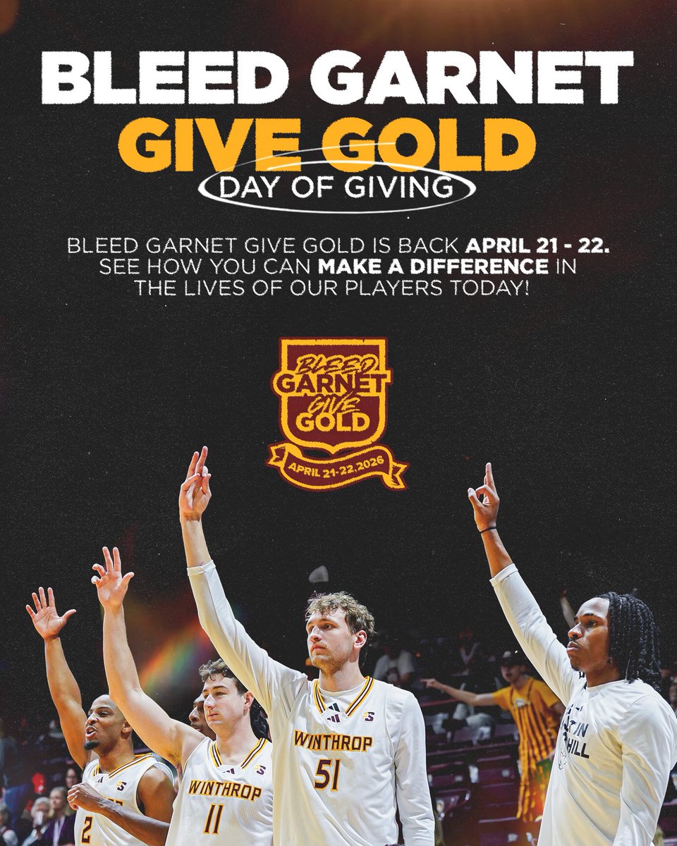 Winthrop_MBB's tweet photo. 𝐁𝐥𝐞𝐞𝐝 𝐆𝐚𝐫𝐧𝐞𝐭 𝐆𝐢𝐯𝐞 𝐆𝐨𝐥𝐝!

Our annual day of giving is here! Every gift helps enhance our student athlete experience. Join us in #WUBG3 by checking the link below! 

https://t.co/PYMbDJlWvz

#ROCKtheHILL https://t.co/4zDl3H2dJj