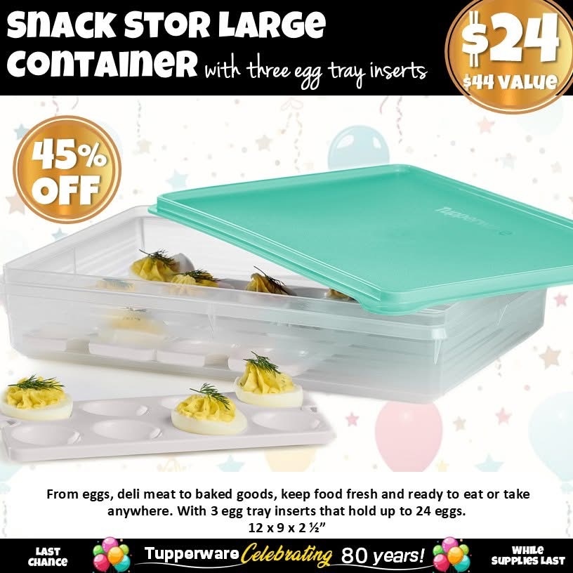 MB_TupParties's tweet photo. Today’s Daily Deal
Snack smarter, not harder

Snack Stor Large Container keeps everything fresh &amp; party-ready
✨ Includes 3 egg tray inserts
✨ ONLY $24 (45% off)

Which color is your fave - 💜💚💛

https://t.co/PHnI1ETuct

#DailyDeals #FoodStorage #Tupperware #LimitedTimeDeal https://t.co/9un5xrfFOi