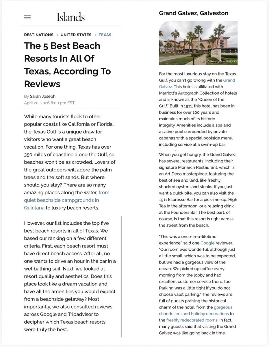 grandgalvez's tweet photo. Tnx @islandsmagazine for featuring @grandgalvez - the grand Queen of the Gulf with a private GiGi Beach Club -food, drink and luxurious lounge chairs and service. https://t.co/DrJitJFOox