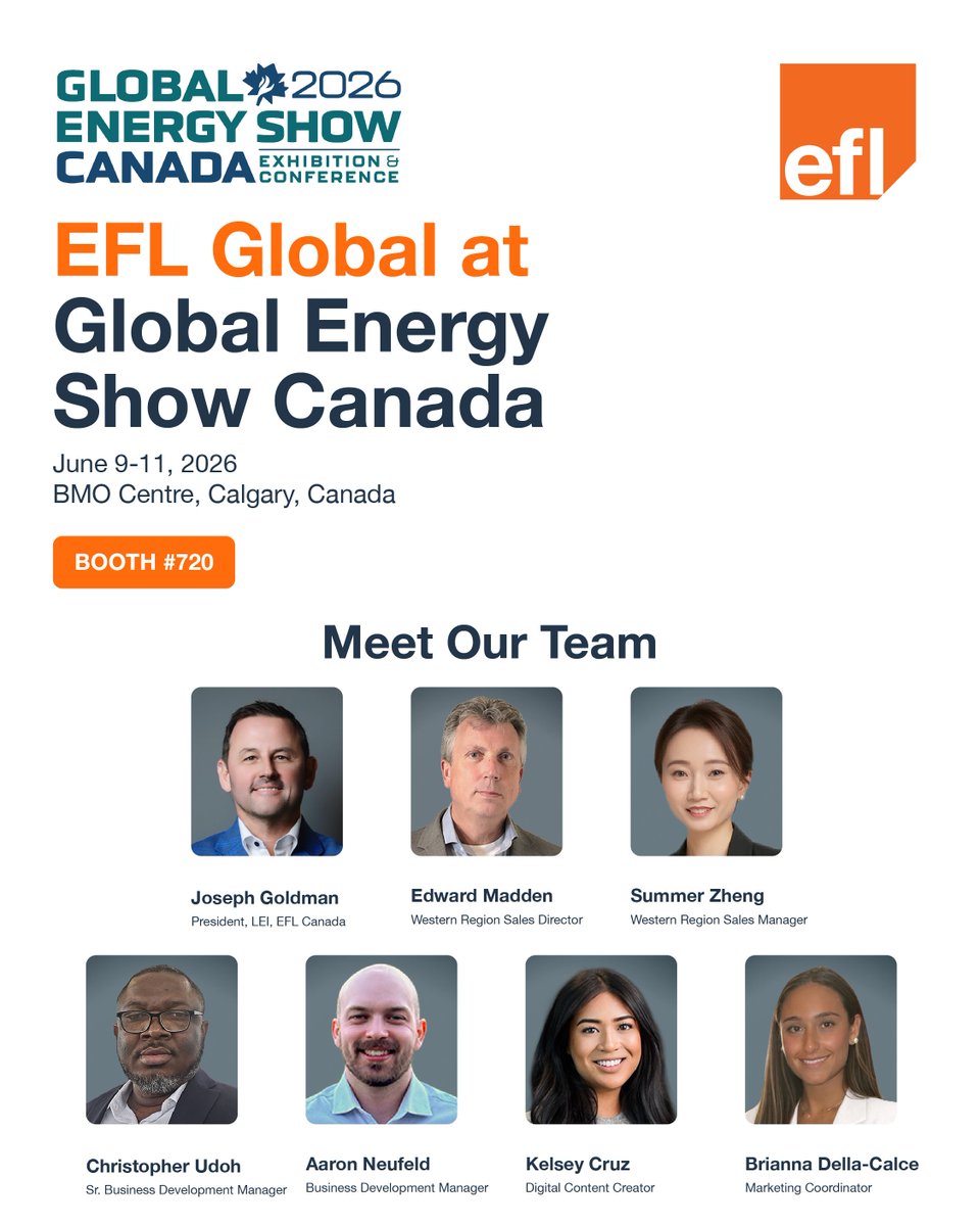 eflglobal_'s tweet photo. EFL Global will be attending Global Energy Show Canada 2026 in Calgary.

Visit our booth #720 to connect with the team and learn how EFL Global supports complex supply chain requirements across global markets.

#EFLGlobal #GlobalEnergyShow #Energy #GlobalLogistics #GrowingBusinesses #TransformingSupplyChains