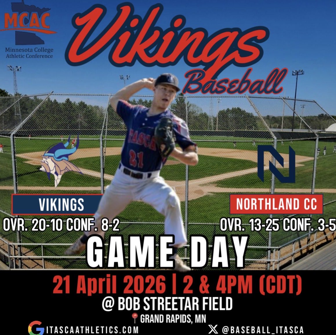 baseball_Itasca's tweet image. HOME OPENER!!

Come support your Vikings today at 2 &amp;amp; 4 as they host the Northland Pioneers @Bob Streetar Field for the Vikings Home opener🔥 

#letsgo #govikes