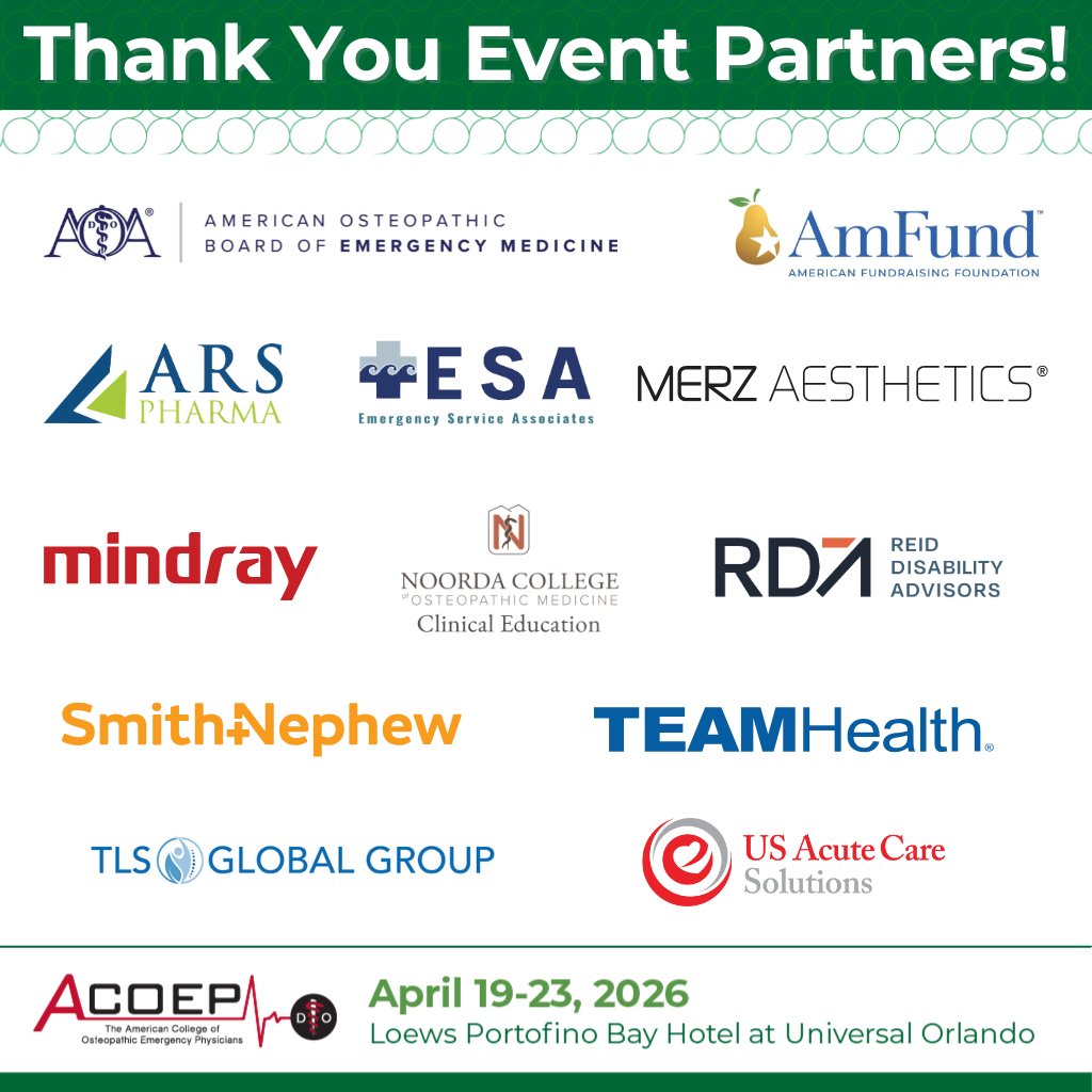 ACOEP's tweet image. A huge 𝗧𝗛𝗔𝗡𝗞 𝗬𝗢𝗨 𝘁𝗼 𝗼𝘂𝗿 𝗶𝗻𝗰𝗿𝗲𝗱𝗶𝗯𝗹𝗲 𝘀𝗽𝗼𝗻𝘀𝗼𝗿𝘀 of #ACOEPSS26! 🎉

We’re in the middle of an amazing week in Orlando and none of it happens without you.

We are so grateful! 🙌

#ACOEP #ThankYouSponsors #EmergencyMedicine