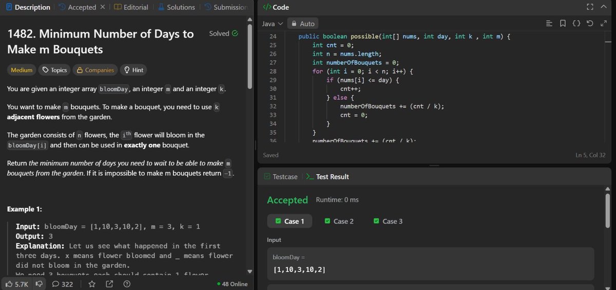 Manyaghand's tweet image. #Day79 of my second #100DaysOfCode

Binary search on answers is starting to click more now.

DSA
• Solved Minimum Number of Days to Make m Bouquets (LeetCode 1482)
• Given bloom days, find the minimum day to make required bouquets

– Brute: check each possible day and