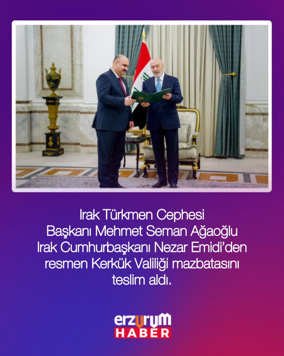 ErzurumPortali's tweet image. 💢Irak Türkmenlerinin Kadim Yurdu Kerkük’te, 100 Yıl Aradan Sonra İlk Kez Bir Türkmen Vali Oldu!

📝Irak Türkmen Cephesi Başkanı Mehmet Seman Ağaoğlu Irak Cumhurbaşkanı Nezar Emidi’den resmen Kerkük Valiliği mazbatasını teslim aldı.

#erzurumportalihaber #kerkük #türkmendiyarı
