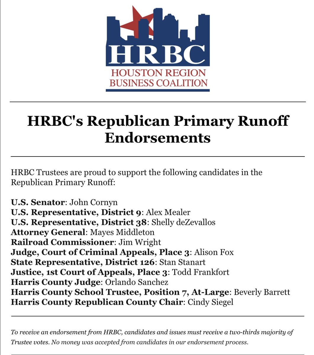 hollyshansen's tweet image. In: @HRBC1 GOP Primary runoff election endorsements include @JohnCornyn, @mayes_middleton, &amp;amp; @AlexMealerTX : 

#Houston #Texas