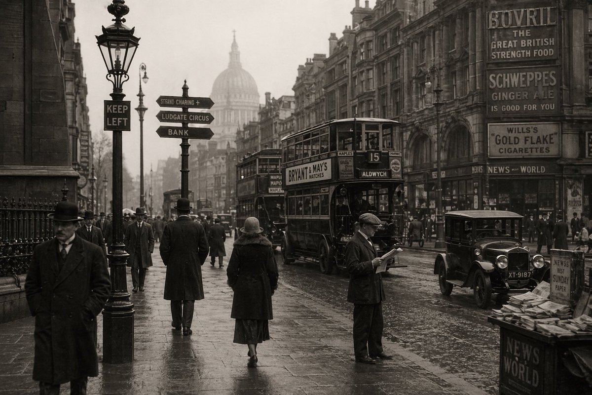 GumberSanchay's tweet photo. @icreatelife A 1920s London street scene with period-accurate clothing, vehicles, and signage. No anachronisms: no modern cars, no plastic, no LED lighting, no modern fonts on signs. https://t.co/WRvCZhtPJK