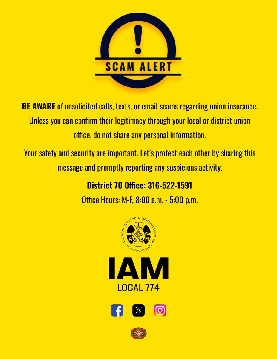 ⚠️ Be aware if someone makes contact with you; confirm a company’s legitimacy before giving them any personal information. You can confirm any union associated business that may be contacting you through the district office at 316-522-1591.