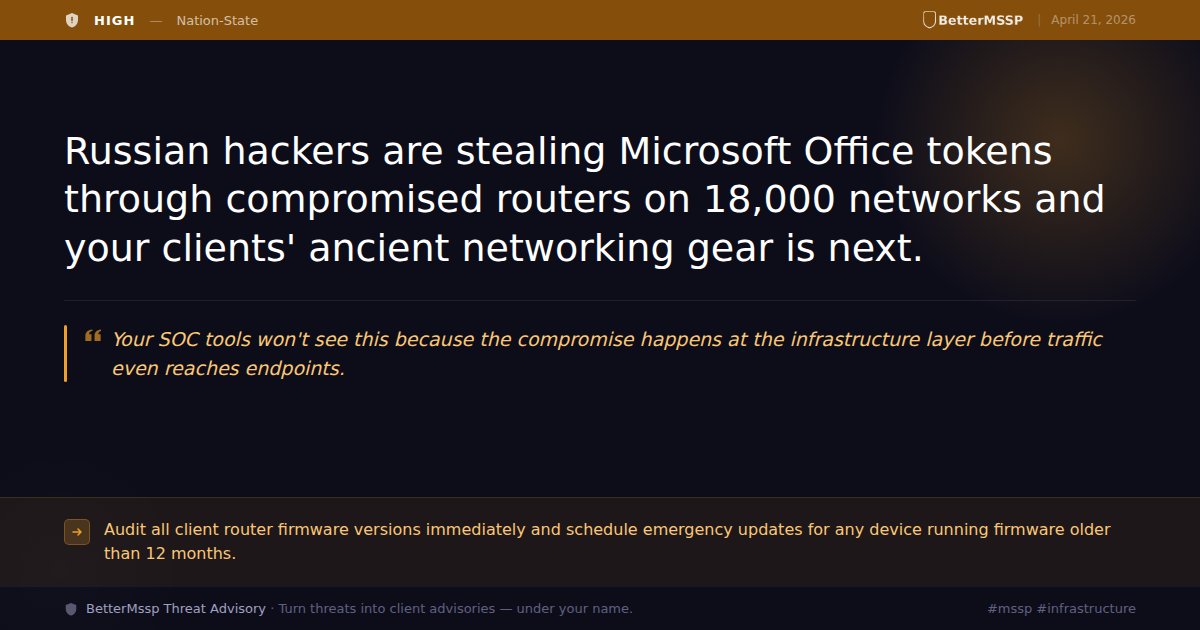 bettermssp's tweet image. Your clients' old routers are harvesting #Office365 tokens to Moscow. Your SOC won't see it. Firmware audit today or you own the breach. #mssp #infrastructure #soc #cybersecurity #threatintel