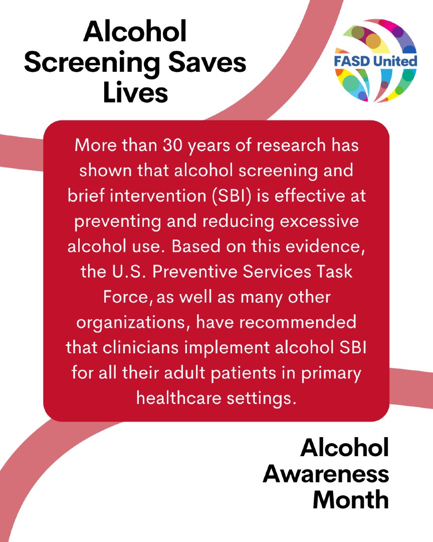 Alcohol screening saves lives.

Research shows screening and brief intervention can reduce excessive alcohol use and connect people to support.

Learn more: FASDUnited.org

#AlcoholAwarenessMonth #FASD #FASDNPN #PublicHealth #HealthAwareness #Wellness
