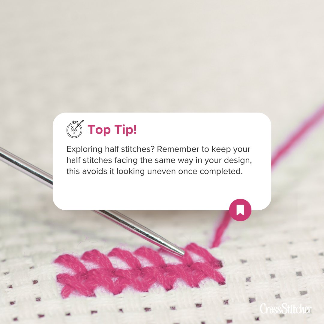 XStitchmagazine's tweet photo. Consistency is key with your half stitches 🪡 

Keep your half stitches facing the same way throughout the whole design to avoid it looking uneven.

#toptiptuesday #crossstitchtips #stitchingtips https://t.co/hJQvDJuyRx
