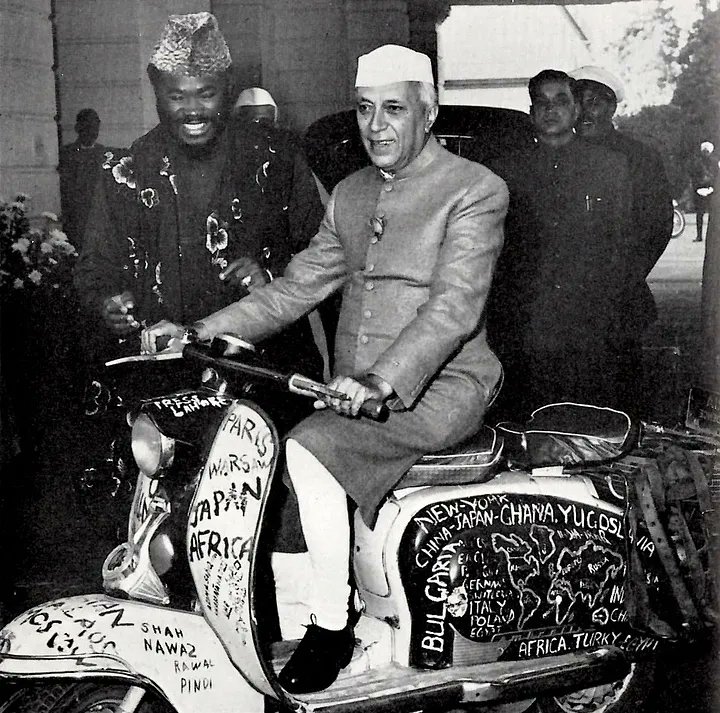 Yorubaness's tweet photo. Olabisi Ajala popularly known as "Ajala the Traveller" with Jawaharlal Nehru in Delhi, Ajala toured 87 countries on a scooter, meeting political leaders and celebrities in the 1950s. Have you heard the name Ajala the traveller before? https://t.co/BWyLeQUrkt