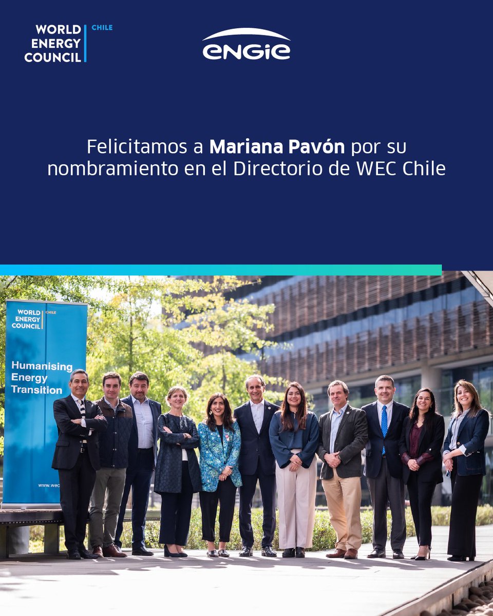 ENGIEChile's tweet photo. ¡Somos parte del Directorio de WEC Chile!

Nuestra gerenta de Estrategia, Mariana Pavón, fue electa como integrante del directorio de WEC Chile.

Este reconocimiento da cuenta de su trayectoria y liderazgo, y refuerza la participación de ENGIE Chile en espacios clave para el desarrollo del sector energético.

Asimismo, valoramos el avance hacia una mayor diversidad en la toma de decisiones, elemento clave para enfrentar los desafíos de la transición energética.

Le deseamos mucho éxito en este nuevo desafío.