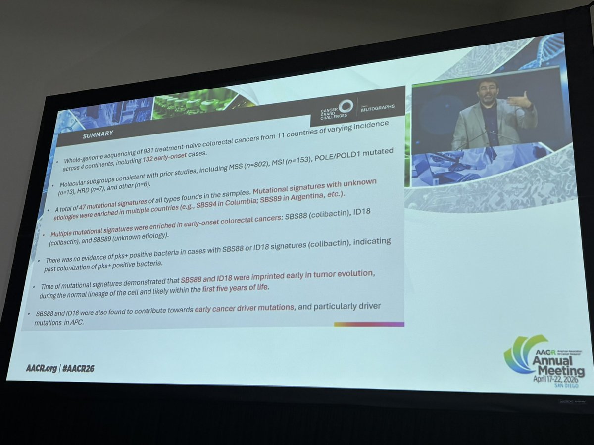 ARosen380's tweet photo. Next up at #AACR26: Ludmil Alexandrov, PhD @UCSDCancer discuss the influence of early life mutagenesis and bacterial genotoxins on early-onset colorectal cancer! I see a theme of the rise of exposures early in life to the development of EO cancer Thoughts?
#AACR26 #AACRSSP https://t.co/emaab3PcN3