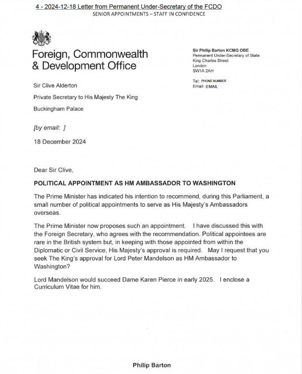 PolitlcsUK's tweet photo. 🚨 NEW: In the last release of Peter Mandelson's vetting files, the then Permanent Secretary of the Foreign Office said Keir Starmer wants to appoint a "small number of political ambassadors"

It would support Olly Robbins' claim that he was asked to find one for Matthew Doyle https://t.co/Bg3CNgMJrL