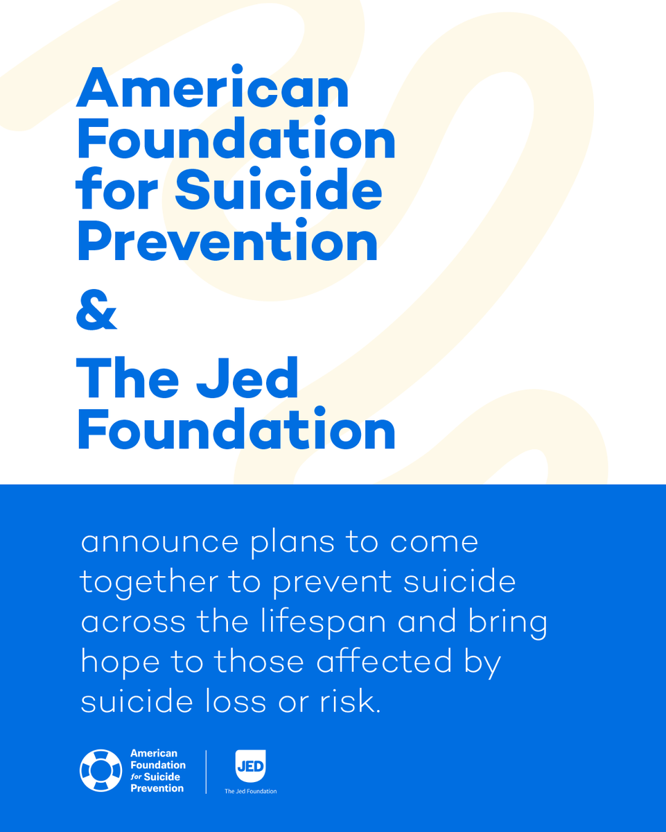 AFSP_AL's tweet photo. Today, @afspnational and @jedfoundation are excited to announce plans to merge and create AFSP/JED, a unified organization dedicated to preventing suicide across the lifespan and bringing hope to those affected by suicide loss or risk. 📣 https://t.co/9MdjGdDg7h