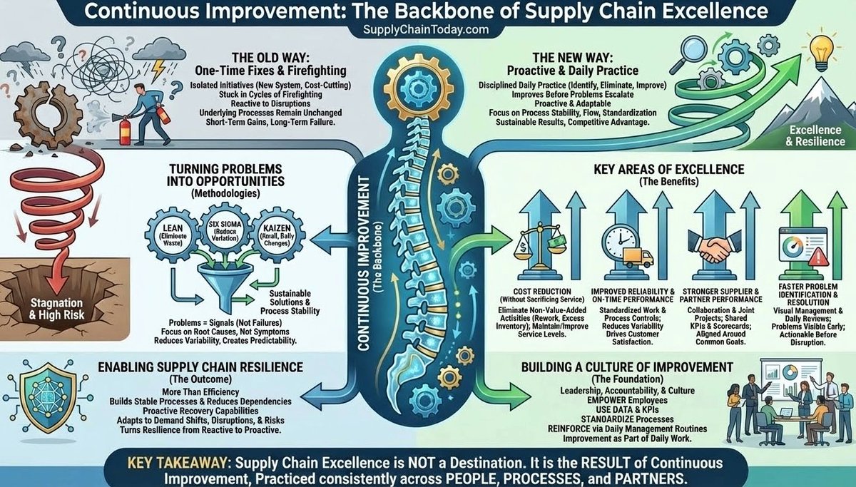 SupplyChainBlog's tweet image. Supply chain excellence is not achieved through a single transformation project or new system implementation. It is built over time through continuous improvement.  #SupplyChainExcellence #LeanSupplyChain #supplychain #ProcessImprovement  Further details: supplychaintoday.com/continuous-imp…