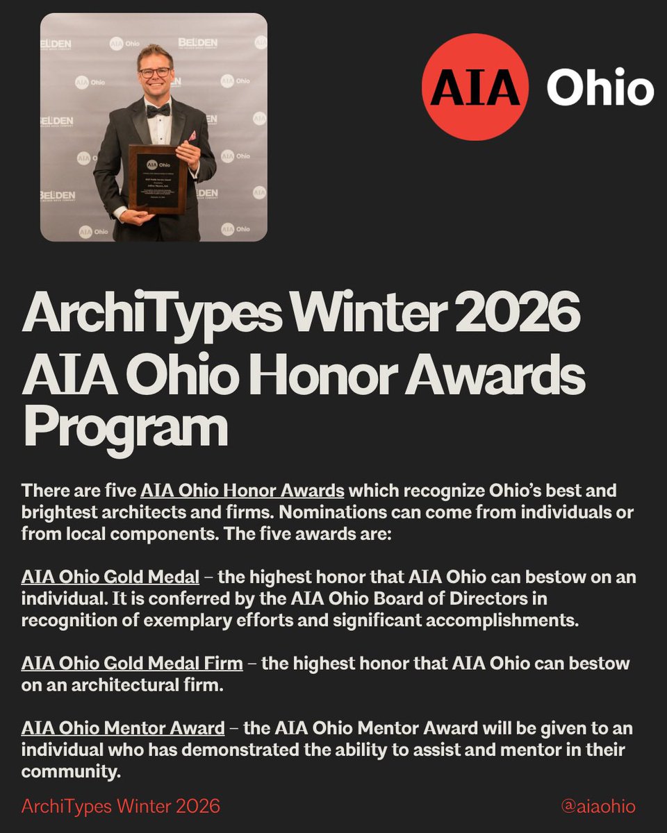 AIAOhio's tweet photo. Know an architect or firm doing incredible work in Ohio? 👀 Nominate them for the 2026 AIA Ohio Honor Awards and help us celebrate excellence across the state. Deadline: July 1. https://t.co/1BTVfwMi4S https://t.co/sCEOu30cwQ