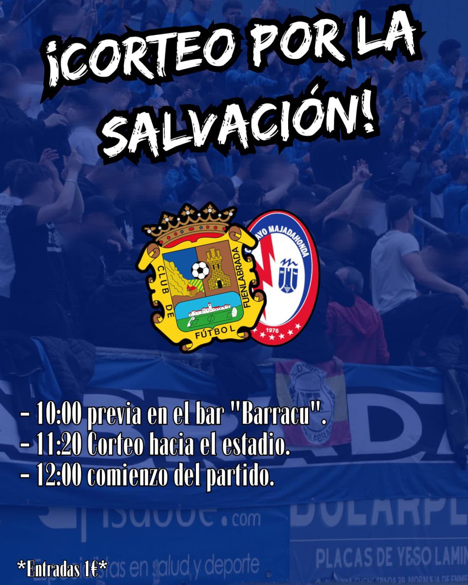 CORTEO POR SALVACIÓN

Desde las 10:00 previa en el bar Barracu, a las 11:20 salimos juntos hacia el estadio. A las 12:00 empieza la segunda final por la salvación. El Fernando Torres tiene que ser una caldera. 🔵⚫️

#QueRujaElTorres