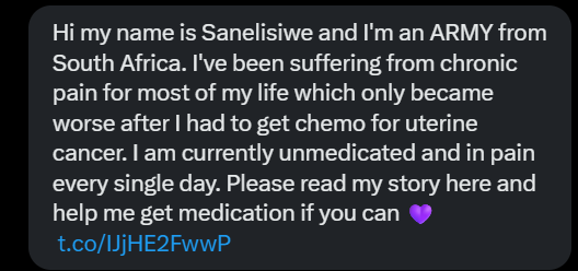 SugAquarius7's tweet photo. Please help spread this, and donate if you can to help out a fellow army 🙏

https://t.co/G0ioh0ICWY https://t.co/gSsMe88PnI