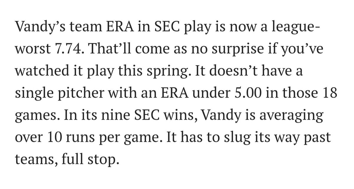 Vanderbilt Baseball has the worst ERA in the SEC: 7.74

There is not a single pitcher with below 5.00 ERA. 

We should be thankful for Jason Esposito and the team hitting more home runs this season. 

If there was a time to hire a new pitching coach this is the year.
