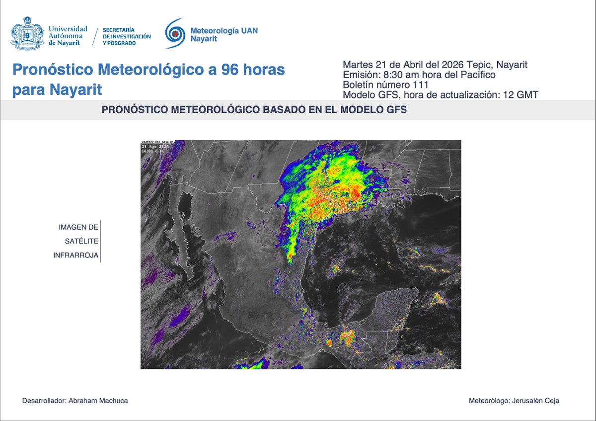 CMN_UAN's tweet image. #Pronóstico matutino a 96 horas
Válido para: Martes 21, miércoles 22, jueves 23 y viernes 24
Secretaría de Investigación y Posgrado UAN a través de Meteorología UAN Nayarit emite el siguiente pronóstico del tiempo
#SIP
#LaUANenTodasPartes
#Pronostico
#Nayarit