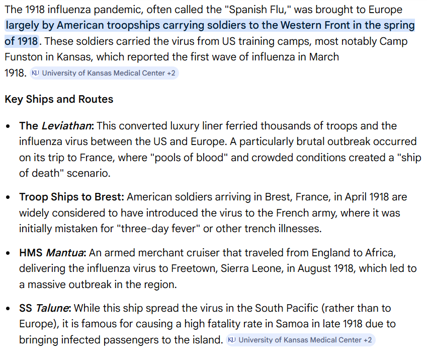 <a href="/washingtonpost/">The Washington Post</a> Well, we all know how the "Spanish Influenza" went. It killed between an estimated 17-50 million people worldwide, as it was spread around the globe by the US navy.