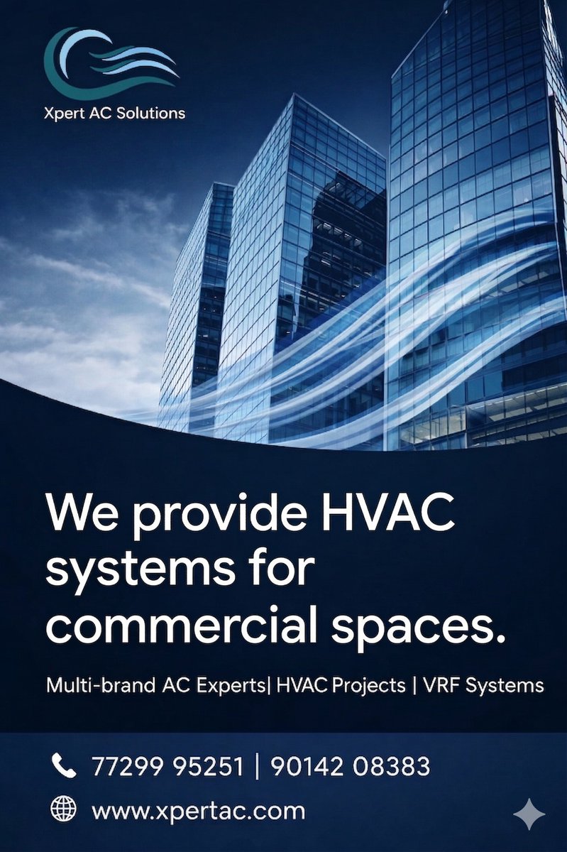 AcsolutionsHYD's tweet image. Is your commercial space losing money to poor air quality?

Upgrade to efficient HVAC systems with Xpert AC Solutions. From multi-brand AC expertise to VRF systems &amp;amp; complete HVAC projects — built for performance.

📞 77299 95251 | 90142 08383
#HVAC #CommercialHVAC #VRFSystems