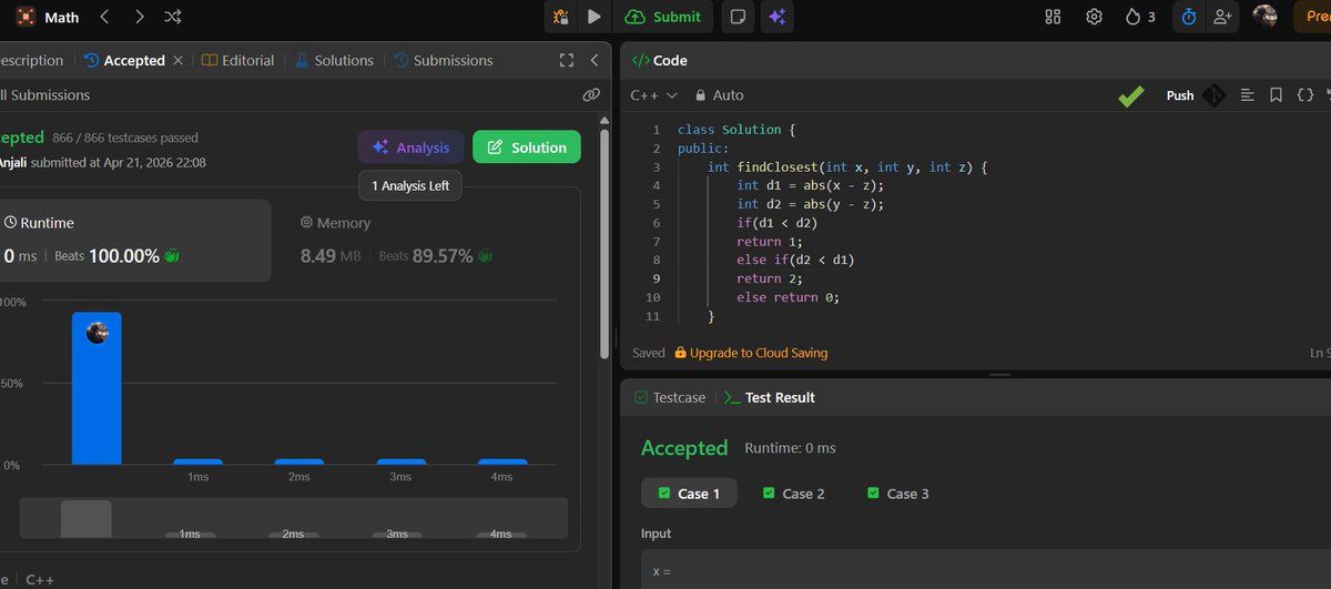achieve71246717's tweet image. Solved leetcode question number 3516. Find Closest Person #DSA #LeetCode #CodingJourney #CPP