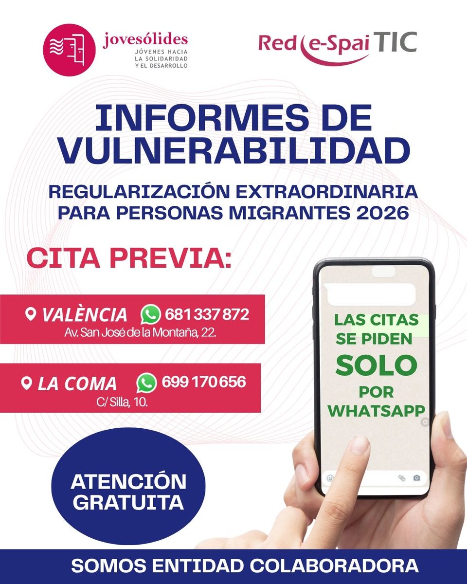 JOVESOLIDES's tweet photo. Ya está en marcha la atención gratuita con cita previa para la regularización extraordinaria 2026.
En Jovesólides, como entidad colaboradora, te acompañamos de forma gratuita en este proceso desde nuestros 5 puntos de atención: #València, #LaComa #Paterna, #Paiporta, #Benetússer y #Elche.
IMPORTANTE: La cita previa se solicita exclusivamente por WhatsApp.
¡Compártelo con quien pueda necesitarlo! 📢
#RegularizaciónYa #Regularización2026 #RedEspaiTic #SerJovesòlides #LaRutaEspai