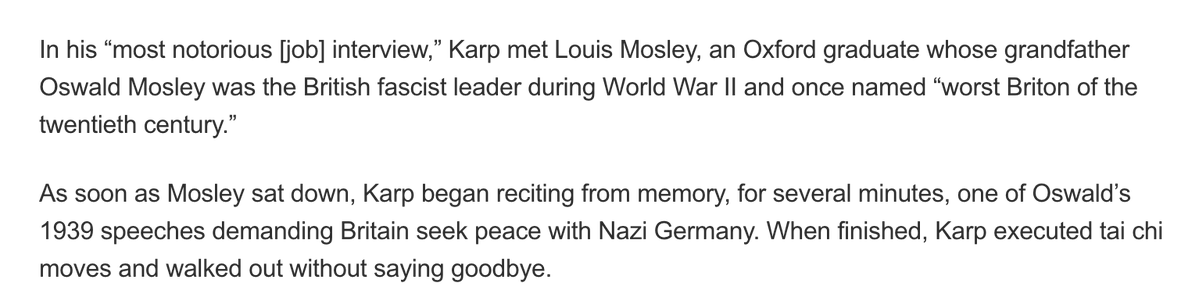 When Alex Karp met Mosley to discuss his role at Palantir in 2016, Mosley reported that Karp repeated a memorized speech Mosley's fascist grandfather had made, then did some tai chi &amp; left. That's no interview. Was being the grandson of a notorious fascist all Palantir needed?