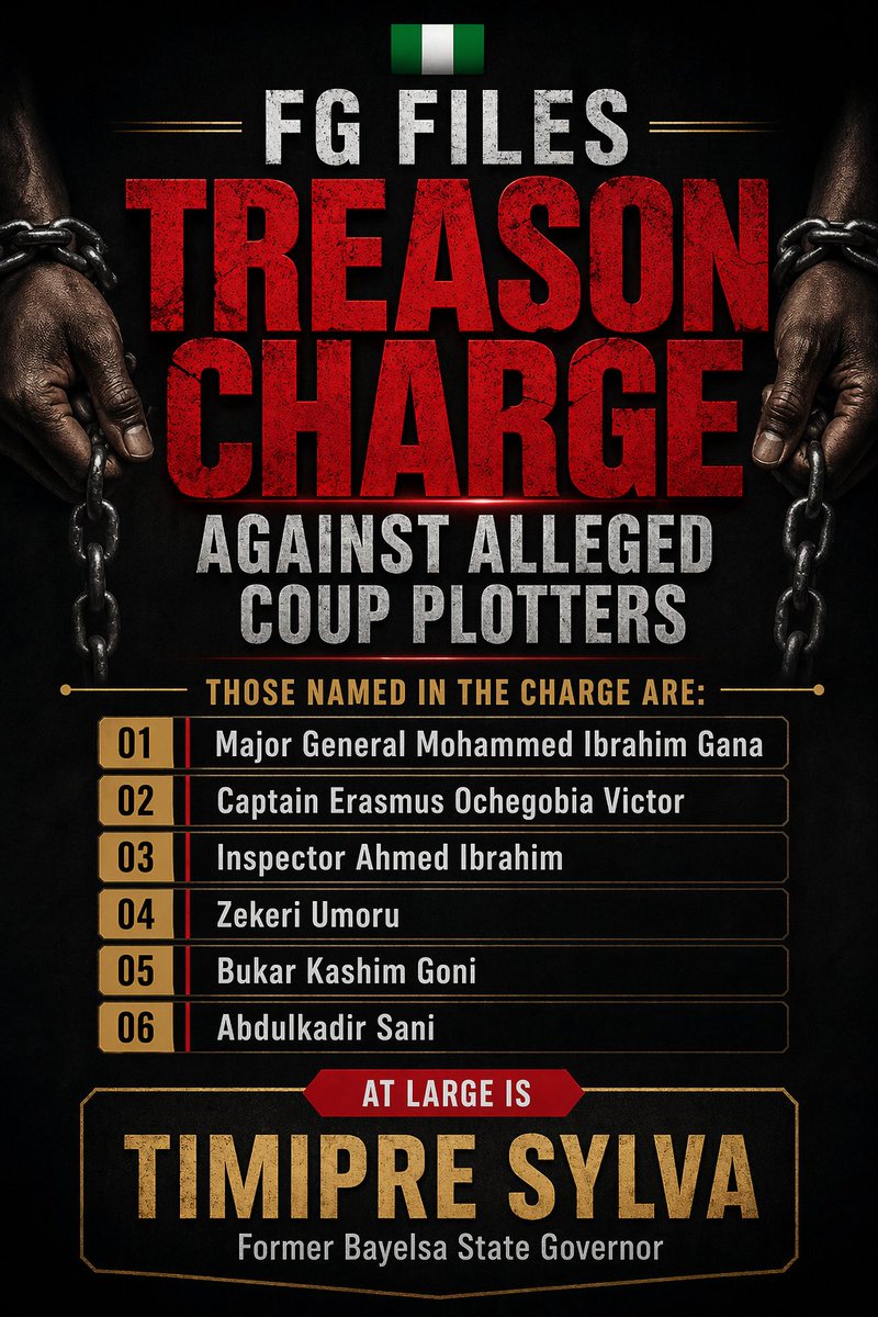 NTANewsNow's tweet image. 2025 Coup Plot: 
FG files treason and terrorism charges against a retired Major General, a Naval Captain and 5 other individuals, 
#NigeriaNews #JusticeSystem #Abuja #Coup2025