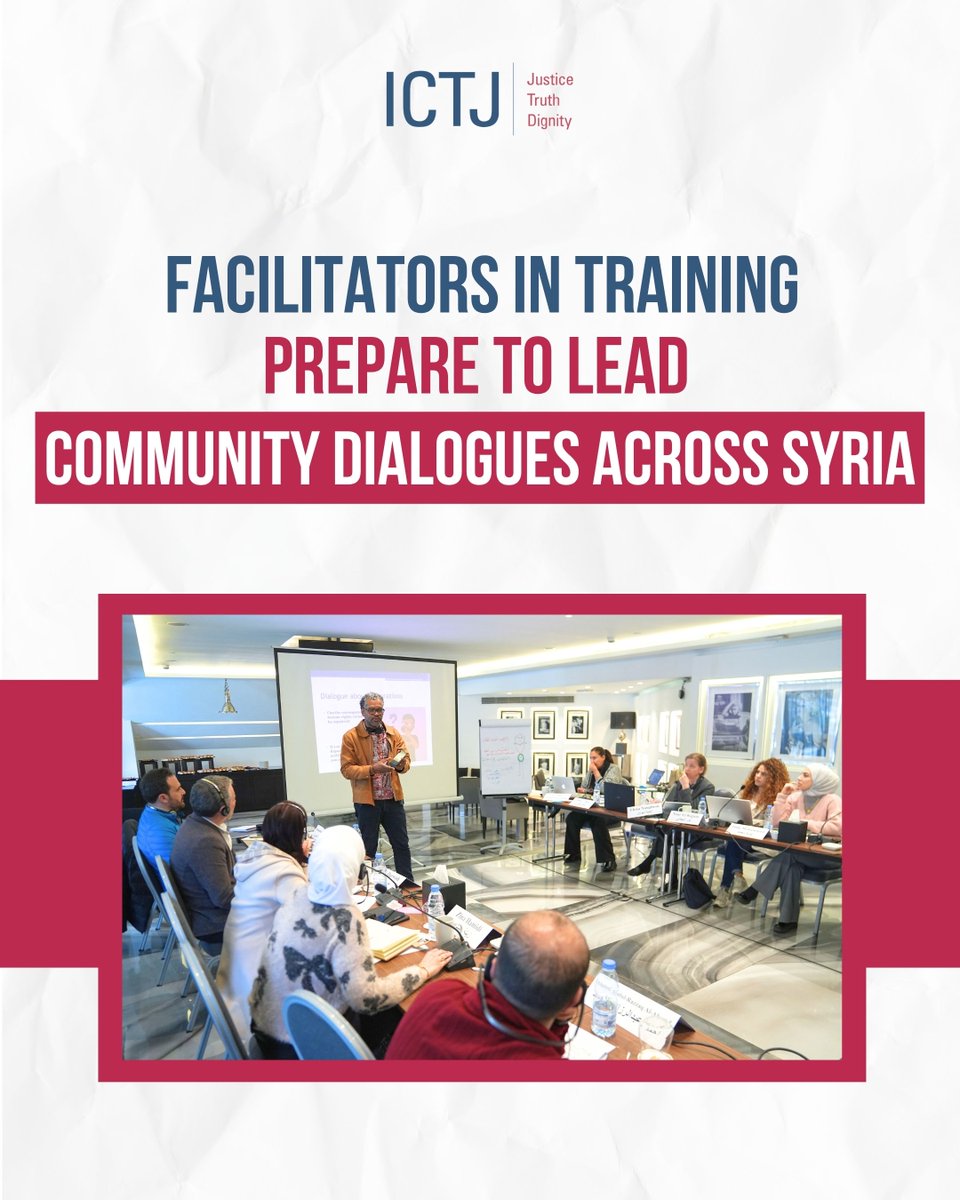 theICTJ's tweet image. #InFocus | In a recent ICTJ workshop, 14 Syrian civil society actors trained to lead inclusive, trauma-informed dialogues on justice, truth, &amp;amp; coexistence, to help build trust, navigate difficult conversations, &amp;amp; uplift diverse voices across #Syria.

📰👉 ictj.org/latest-news/fa…