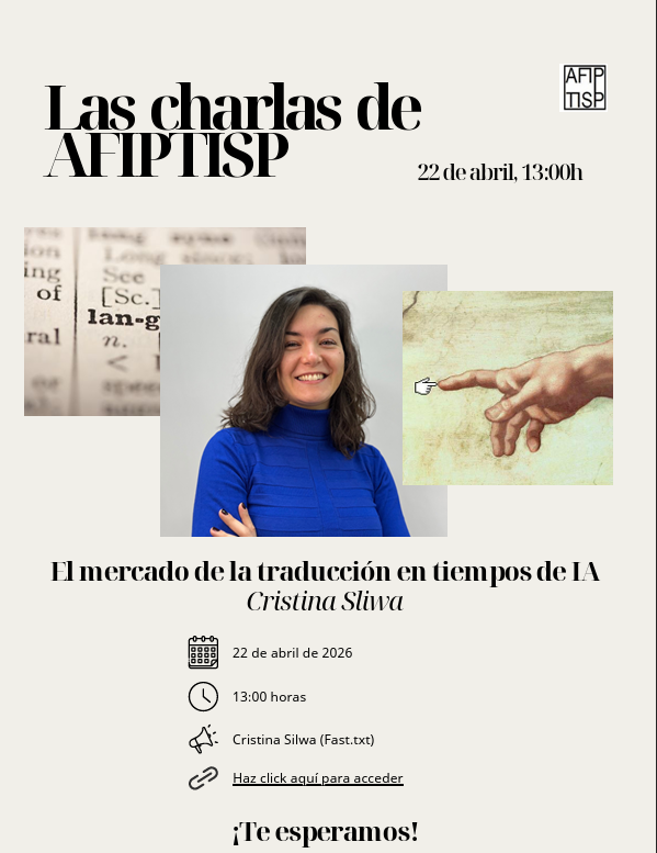 tuitsdegabriel's tweet photo. Mañana en las charlas de @AFIPTISP1.
«El mercado de la traducción en tiempos de IA» con Cristina Sliwa. https://t.co/ToXlyeZRRE