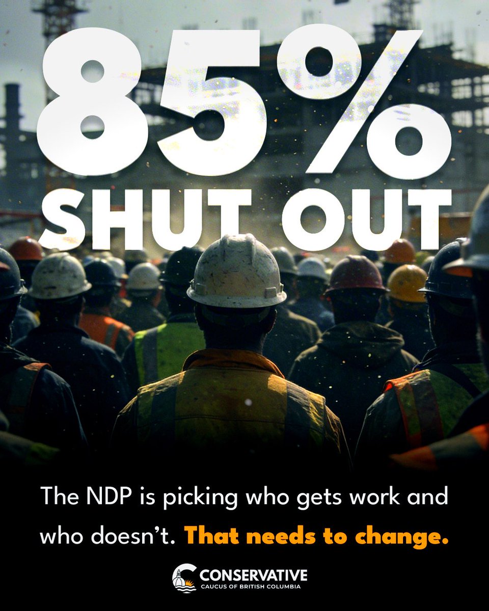 KielGiddens's tweet photo. The BC NDP say they support workers, but then vote to exclude 85% of them from public capital projects.

They blame labour shortages and supply chain challenges while shrinking the labour and contractor pools.

Taxpayers are left with $17B in overruns and years of delays. At the same time, the NDP has brought in a $13.3B deficit and BC has faced multiple credit downgrades.

This isn’t leadership. It’s a public policy failure and we have to start talking about it in BC.