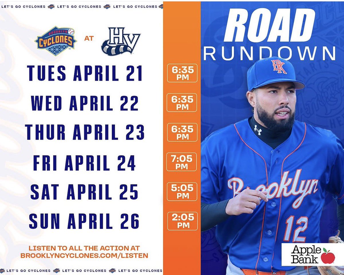 BKCyclones's tweet image. On the road again..... 🛣 
Check out our Road Rundown to see when the Cyclones are playing this week while they are in Hudson Valley! 

Presented by Apple Bank.