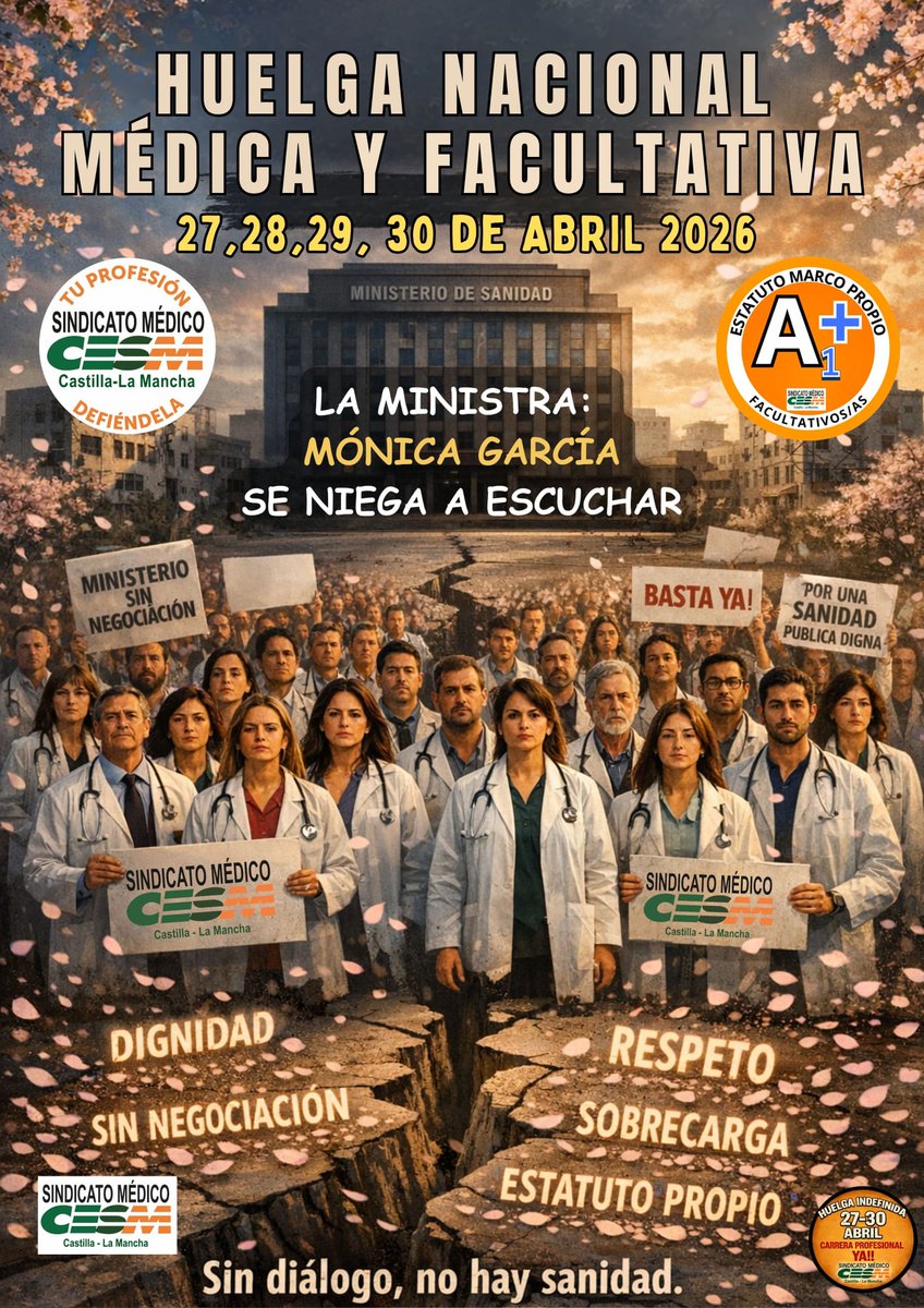 cesmclm's tweet photo. La Ministra de @sanidadgob se niega a escuchar.
No vamos a renunciar a un #Estatutopropio.
Si no hay diálogo y soluciones al conflicto, lo más honesto es dimitir @Monica_Garcia_G .
#HuelgaMedica y #Facultativa #España del 27 al 30 de Abril.
@cesm_sindicatos
@Estatuto_Medico
#CLM https://t.co/HaQwzAPOo2