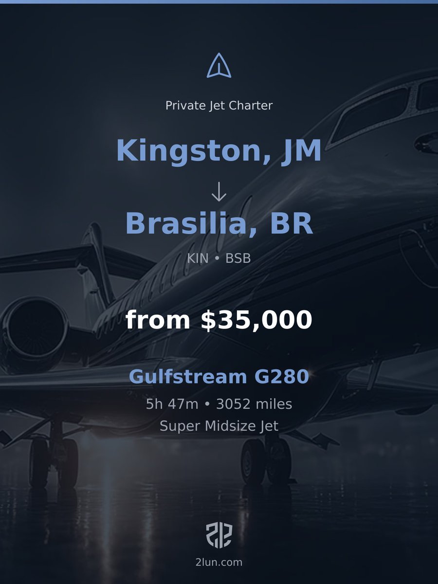 2lunjet's tweet image. 🇯🇲 Kingston → Brasilia 🇧🇷
Private Jet Charter

5h 47m | 3052 miles | From $35,000

Book your flight:
2lun.com/route/mkjp/sbbr

#ExecutiveJet #CorporateJet #PrivateJet